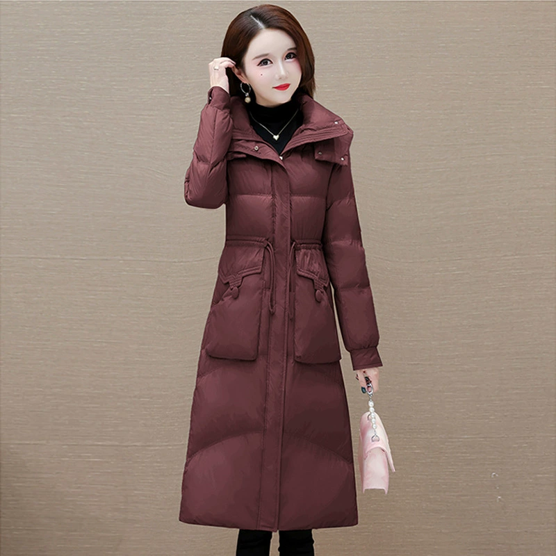 Fitted warm long brace, down jacket with hood, Korean style
