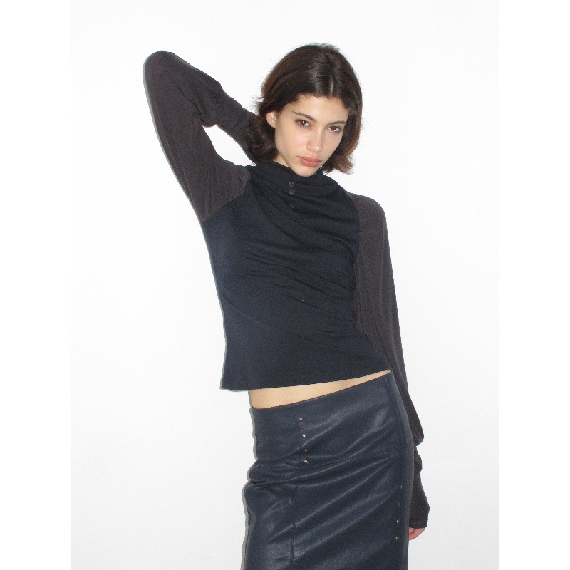 Mito de der Tencel wool color-blocked lantern raglan sleeve elastic button-down fitted top