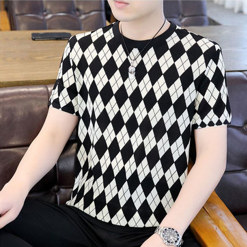 Ice silk short sleeve t-shirt for men, casual fashion clothing, round neck men's clothing, summer printed trendy t-shirt top