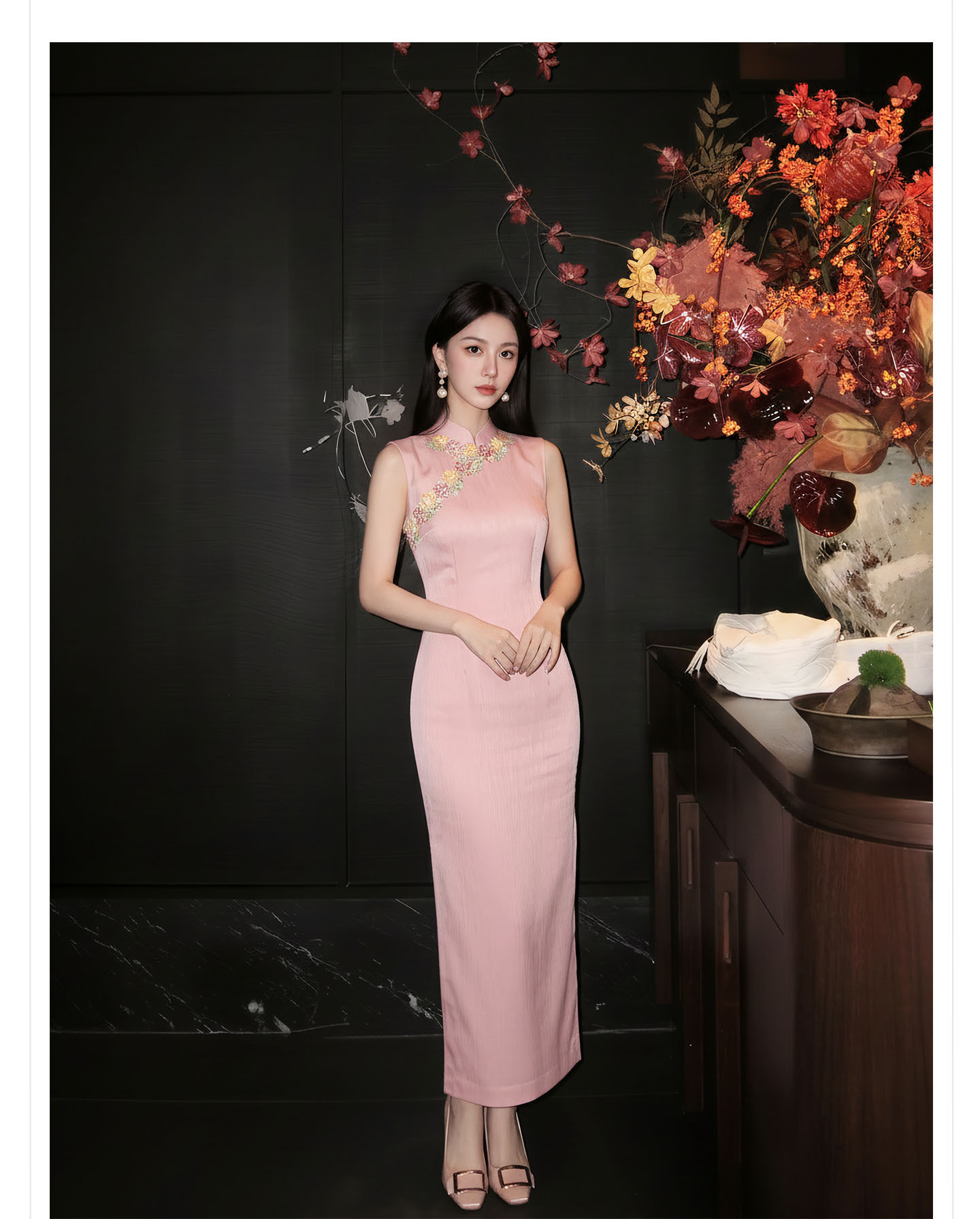 Bộ váy đầm maxi thắt eo kiểu Trung Hoa cải tiến kèm áo khoác choàng tua rua — Trang chủ, bộ đồ, váy liền, váy xanh chi tiết 12