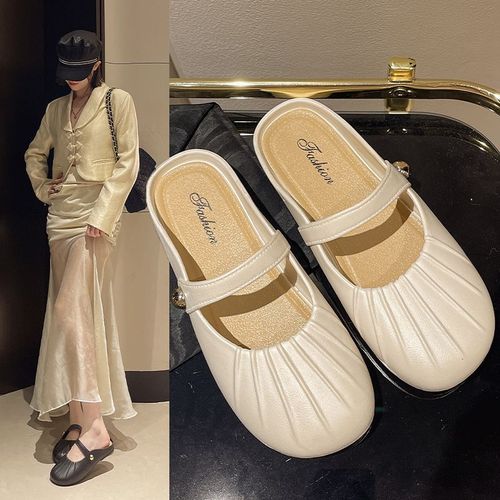 Half Slip On Spring and Autumn New French Mary Jane Pleated Women's Single Shoes Casual Matchy Matchy Style Side Small Beads No Back Heel