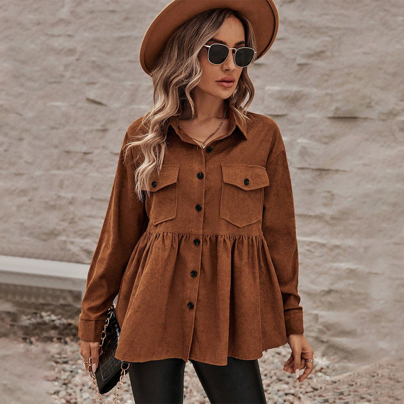 2026 International Station Cross-Border Women's Versatile Commuting Long-Sleeve Shirt Autumn and Winter Brown Vintage Loose Cardigan Top
