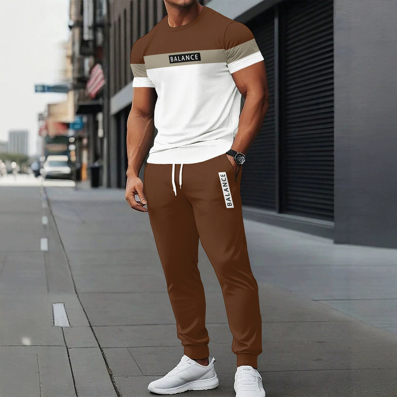 Men's two-piece set: BALANCE letter print, color-blocked short-sleeve T-shirt and jogger pants, summer casual sports set
