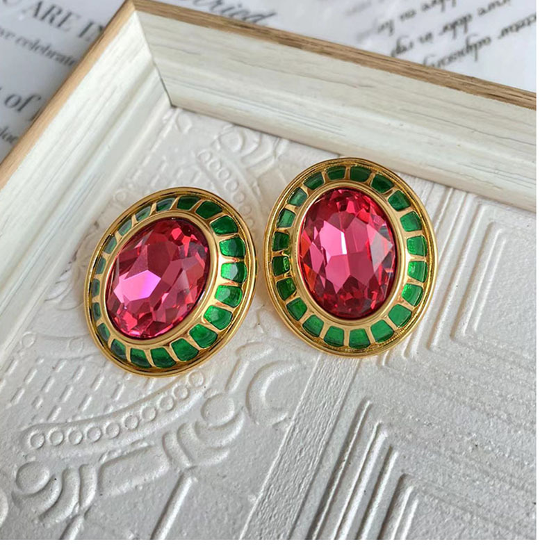 Retro Oval Copper Enamel Plating Inlay Zircon Ear Clips Ear Studs 1 Pair display picture 1