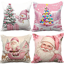 新款粉色圣诞主题桃皮绒抱枕套圣诞树圣诞老人靠枕套沙发靠垫套