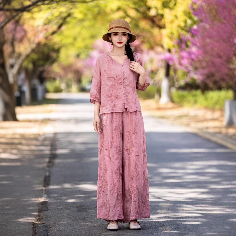 Summer New Loose Slimming Double Layer Artistic Heavy Embroidered Ramie Shirt Casual Straight Wide Leg Trousers suit