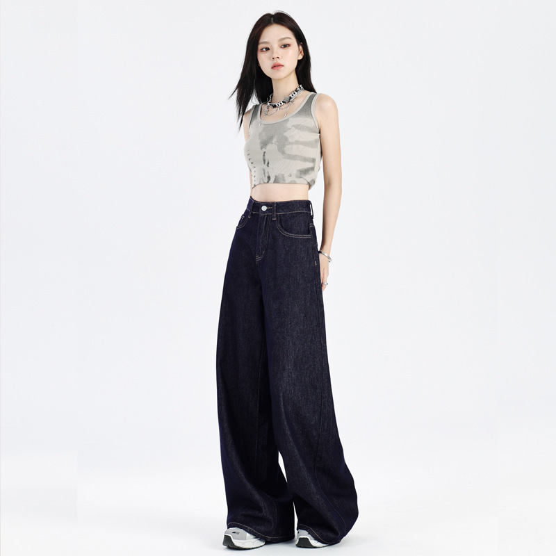 深蓝色加绒牛仔裤女秋冬新款高腰宽松显瘦小个子慵懒风直筒阔腿裤|undefined