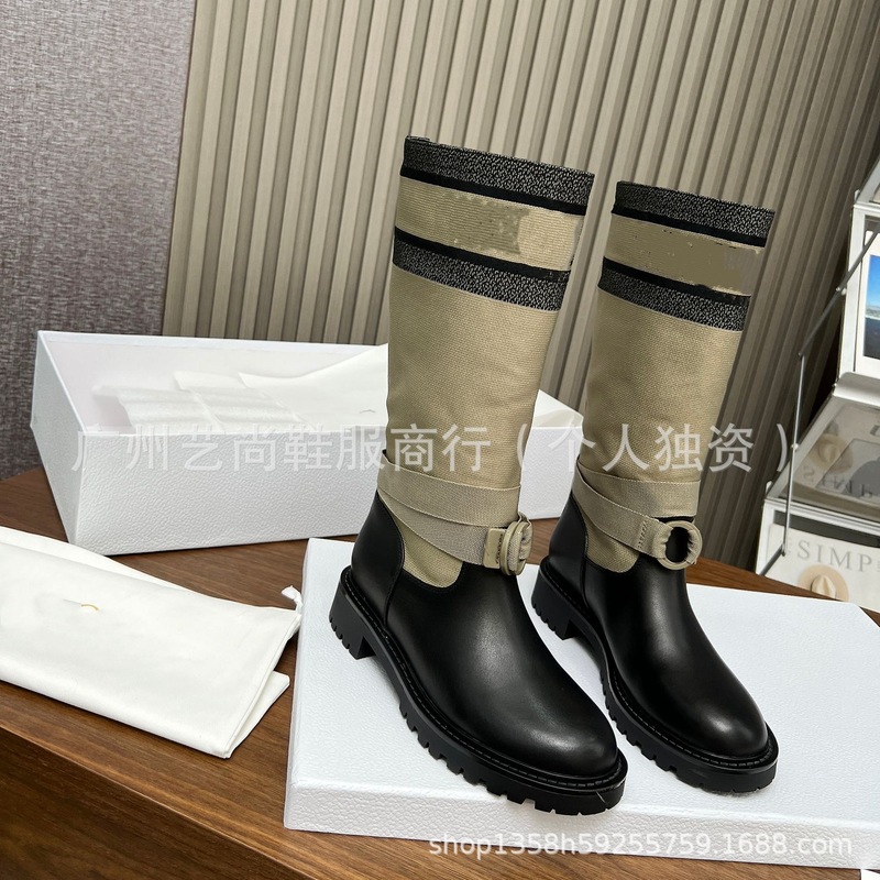 高版2025秋冬D家经典真皮圆头复古拼色厚底刺绣藤格纹骑士靴长靴|undefined