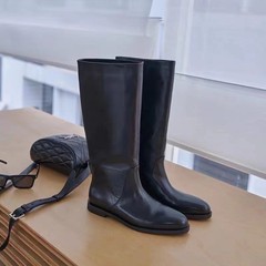 无标~东莞厚街诗歌兰同款低跟舒适长靴真皮圆头平底高筒靴马丁靴