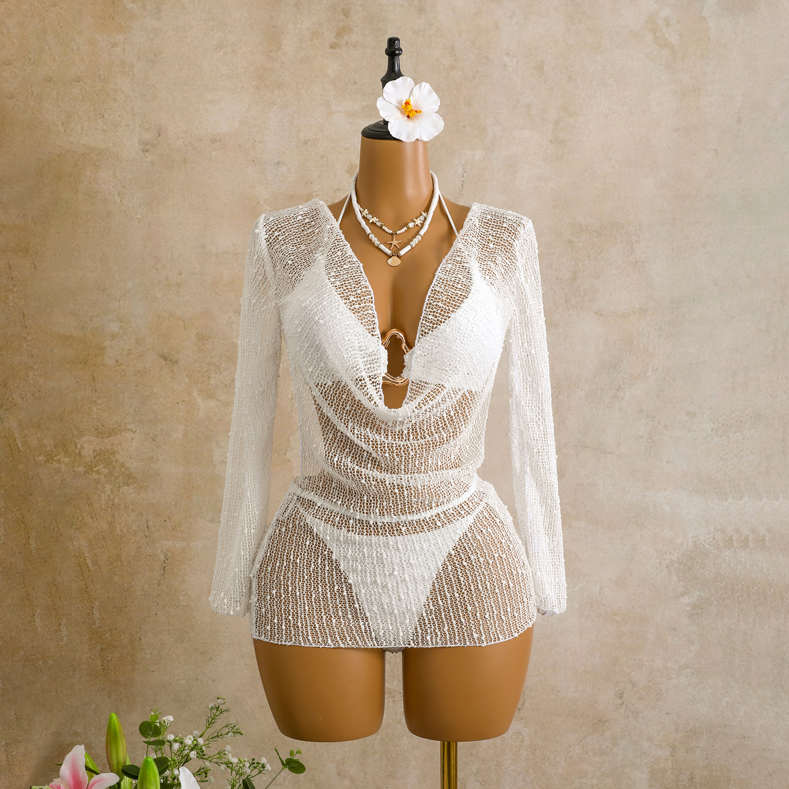 Women's Three Piece Sequin Mesh Swimsuit With Long Sleeves_voghion.com