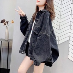 网红百搭BF黑色牛仔外套女2023年春秋大码韩版宽松港风复古ins潮