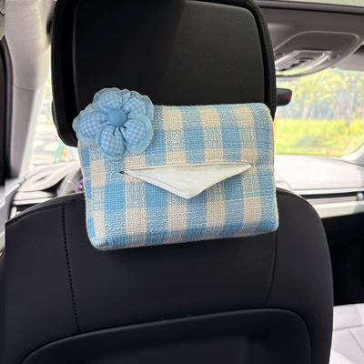Car tissue box/set – Bag - blue-flower-plaid-tissue-paper-blue