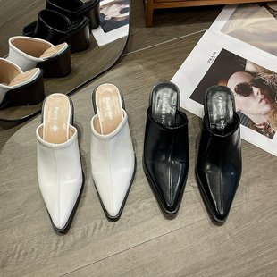 European and American Style Baotou Half Slippers for Women's Outer Wear Thick Heel Height-increasing Fashionable Pointed Niche All-match 2025 Spring, Summer and Autumn New