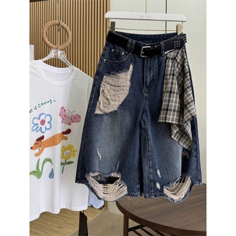 Silk Scarf, Ripped Denim Capri Pants for Women, Plus Size, New Summer Style, High-Waisted, Loose Fit, Slimming, Fashionable Design, Straight Wide-Leg Pants