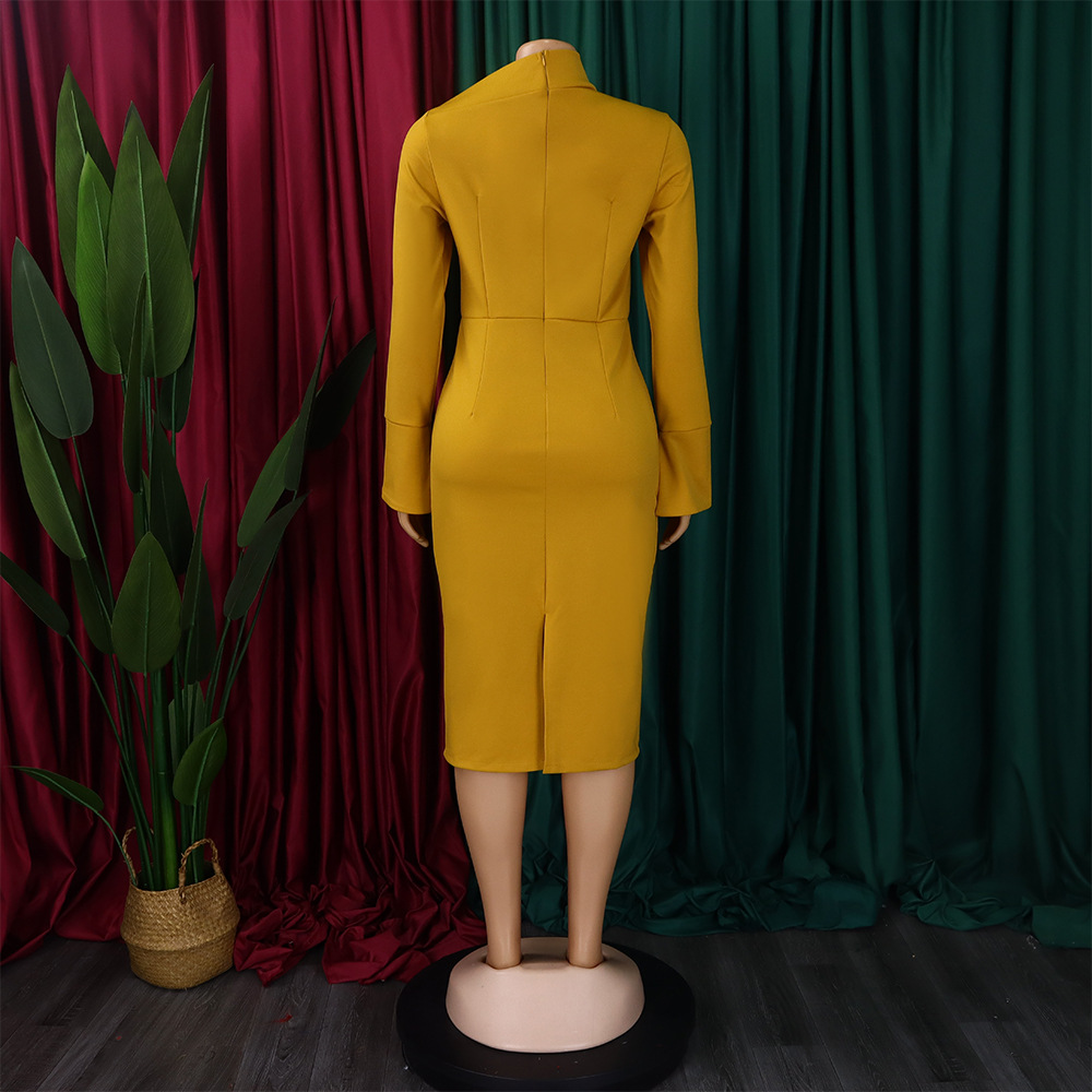 Autumn Winter Long Sleeve Narrow Office Diagonal Collar Solid Color Dress
