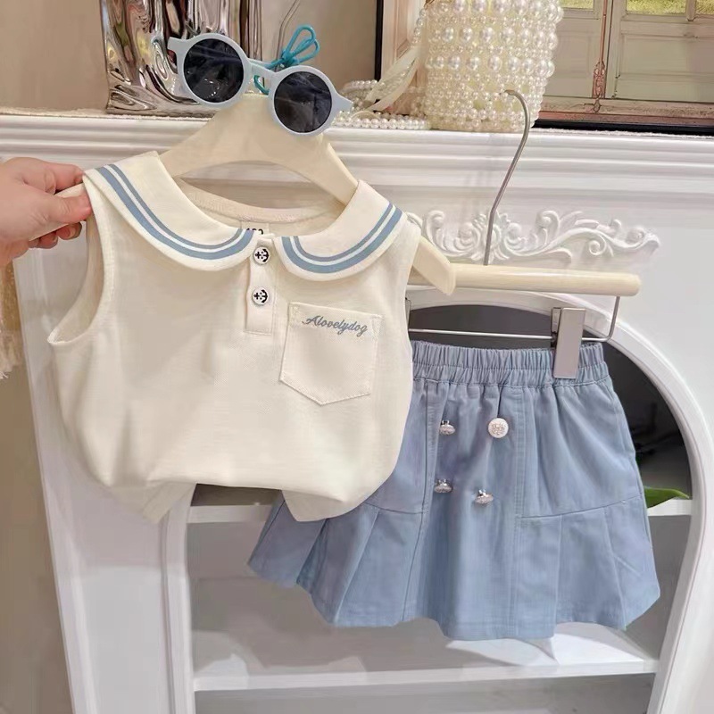 Girls' college style suit summer new style 2025 little girl navy collar sleeveless dress pants fashionable two-piece set