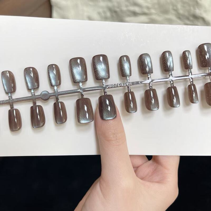Solid Color Cat's Eye Graphite Gray Fine Glitter Cat's Eye Almond Design Classy Wearable Manicure Patches Cross-Border Fake Nails