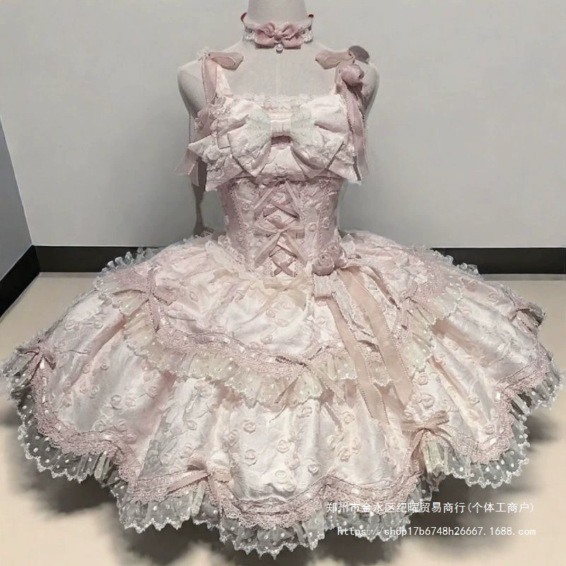 Dress Lolita style, bows and roses, lace choker, pink ornate JSK, 1 kg