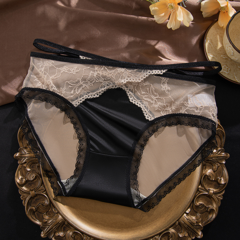 Ropa interior de malla de encaje puro francés mujer sexy banda hueca ligera de lujo doble piel agradable para la piel chica de cintura media entrepierna antibacteriana