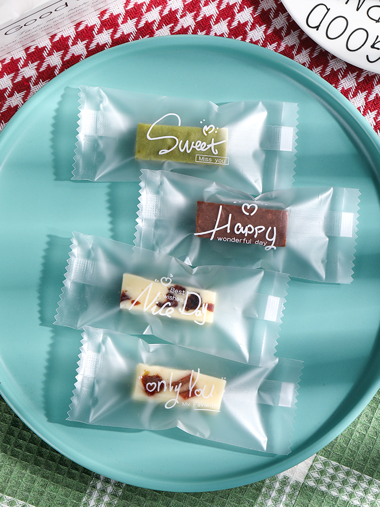 Bolsa de embalaje de nougat, embalaje de toffee, papel de azúcar, bolsas de pastel de leche de mango, sello de máquina transparente, bolsas pequeñas letras esmerizadas