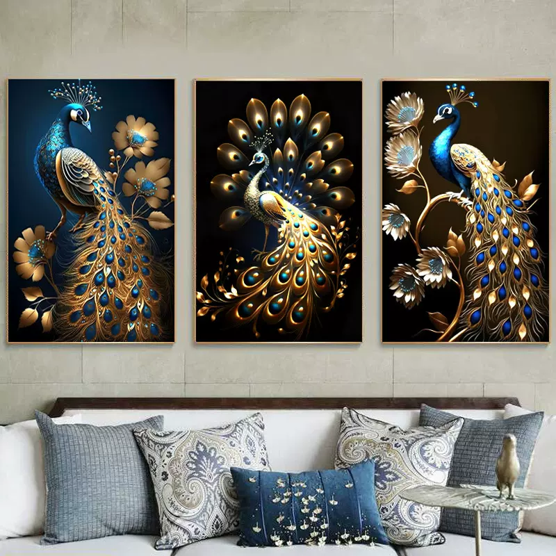 外贸轻奢客厅装饰画晶瓷镶钻立体鎏金挂画艺术背景墙面画孔雀壁画