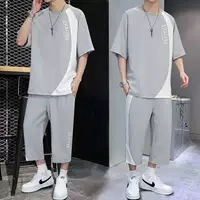 Повседневный спортивный костюм из ледяного шелка, мужской летний красивый модный молодежный футболка большого размера с короткими рукавами, укороченные брюки, мужские свободные