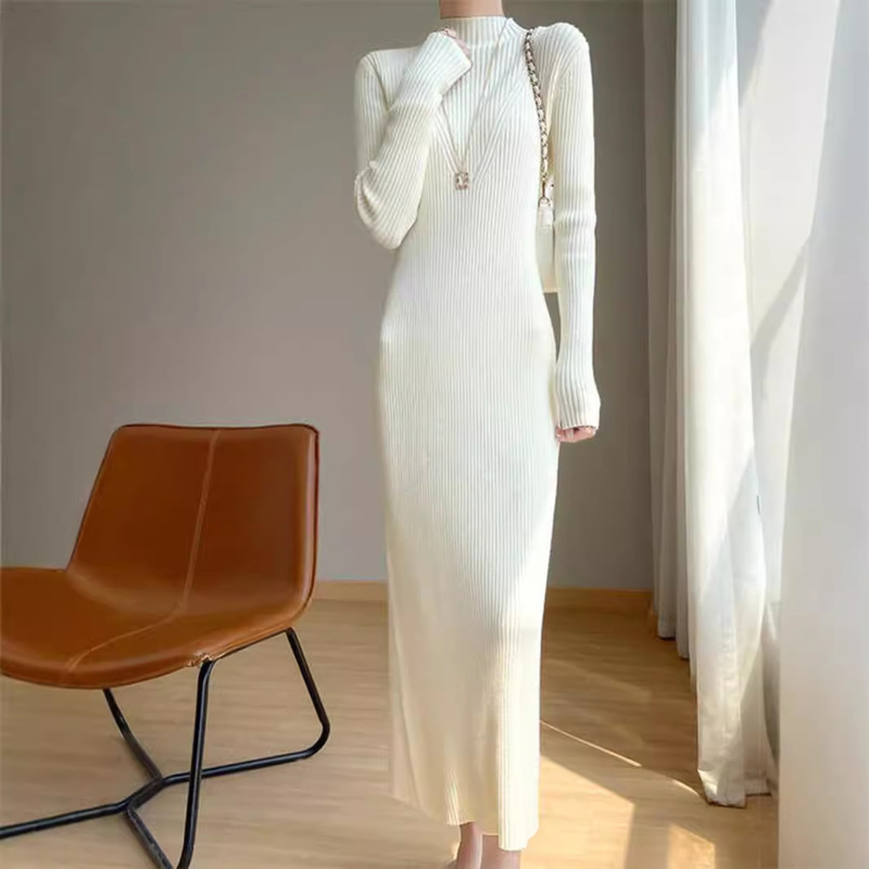 Autumn and Winter New Half-turtleneck Knitted dress Women's Slim-fit Slimming Inner Long Base Sweater Over-knee Hip Skirt