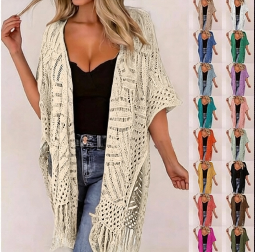 Cross-Border Amazon Plus-Size Women's Bikini Cover-Up with Tassels, Sheer Outfit for Outdoor Beach Vacation, Sun-Protective Knitwear