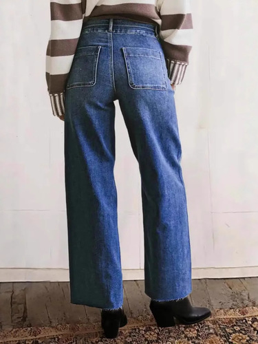 Cross-border Amazon European and American large size washed mid-waist straight jeans double-breasted trousers trimmed nine-quarter jeans