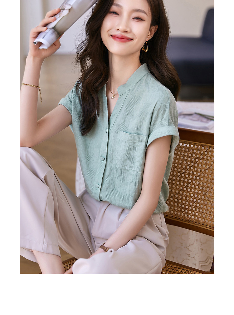 Áo sơ mi nữ liền vai chất liệu cotton linen phong cách Hàn Quốc — xanh lá cây