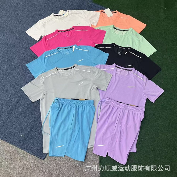 Foreign Trade Summer Sports Running Training Quick-Drying Breathable Round-Neck Short-Sleeved T-Shirt Set Track and Field Marathon Shorts for Men