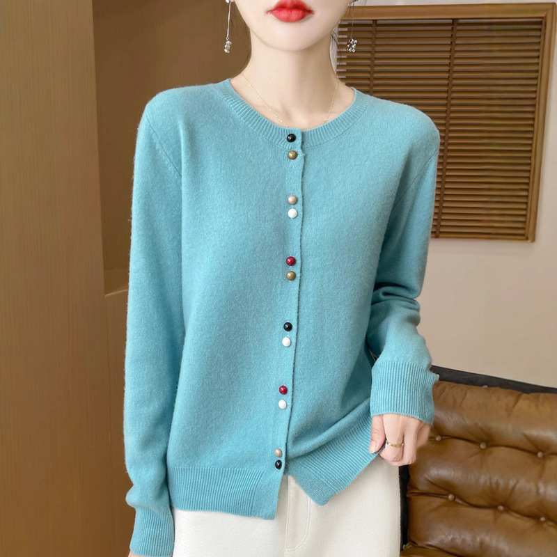 Spring and Autumn New Andy Velvet Cardigan Color Buckle Knitted Cardigan Women's Round Neck Loose Sweater Jacket Soft Waxy All-match Top