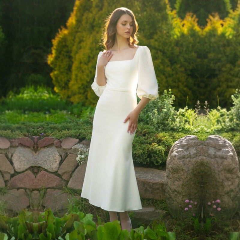 French-Style Satin Mermaid Dress, Light Wedding Dress with Square Neckline and Puff Sleeves, Elegant Bridal Engagement Dress, Wedding Dress for Travel Photoshoot French-Style Satin Mermaid Dress, Light Wedding Dress with Square Neckline and Puff Sleeves, Elegant Bridal Engagement Dress, Wedding Dress for Travel Photoshoot