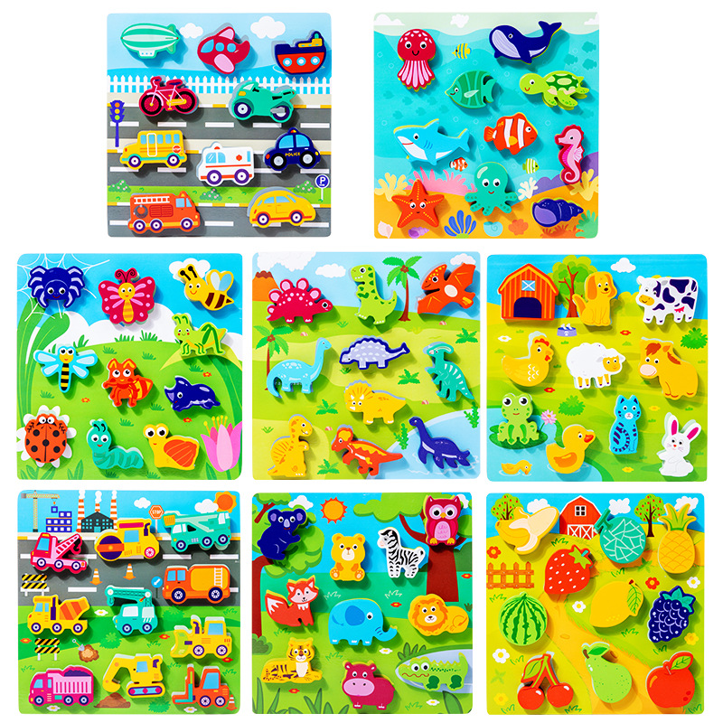 Jardín de infantes iluminación cognitiva infantil dibujos animados cognición animal agarrar tablero de madera puzzle tridimensional juguetes de madera image 5