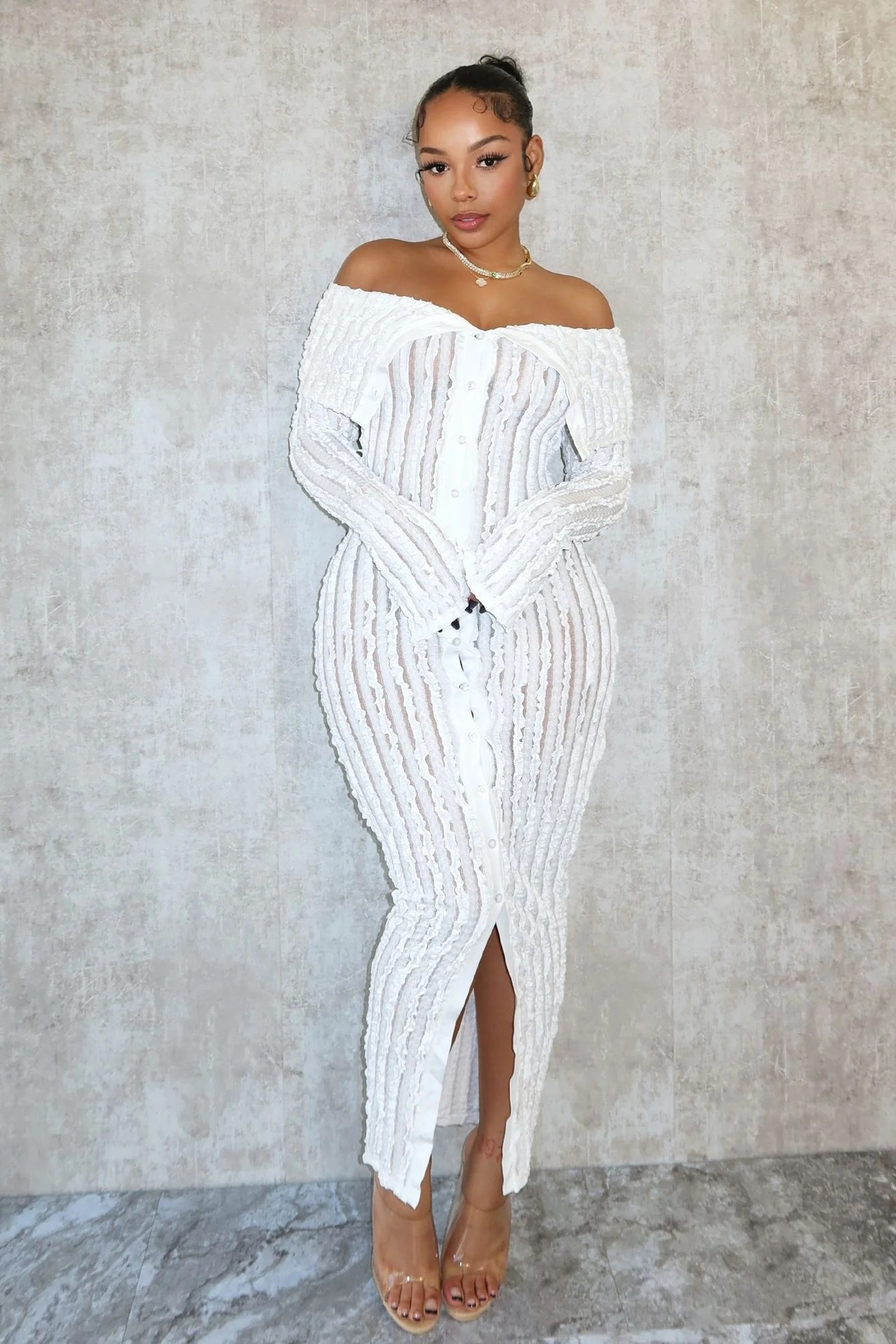 Elegant One Shoulder Women's Dress With Wave Pattern Long Sleeves_voghion.com