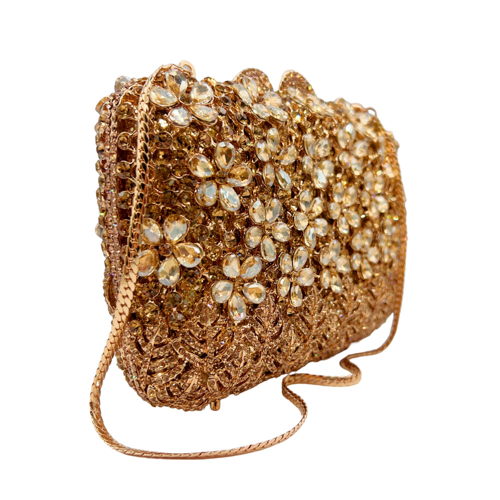 Túi clutch nữ đính kim cương nhân tạo họa tiết hoa tử đinh hương, cầm tay dự tiệc — Màu hồng, Hoa violet, Đế vàng kim cương, Màu bạc chi tiết 6