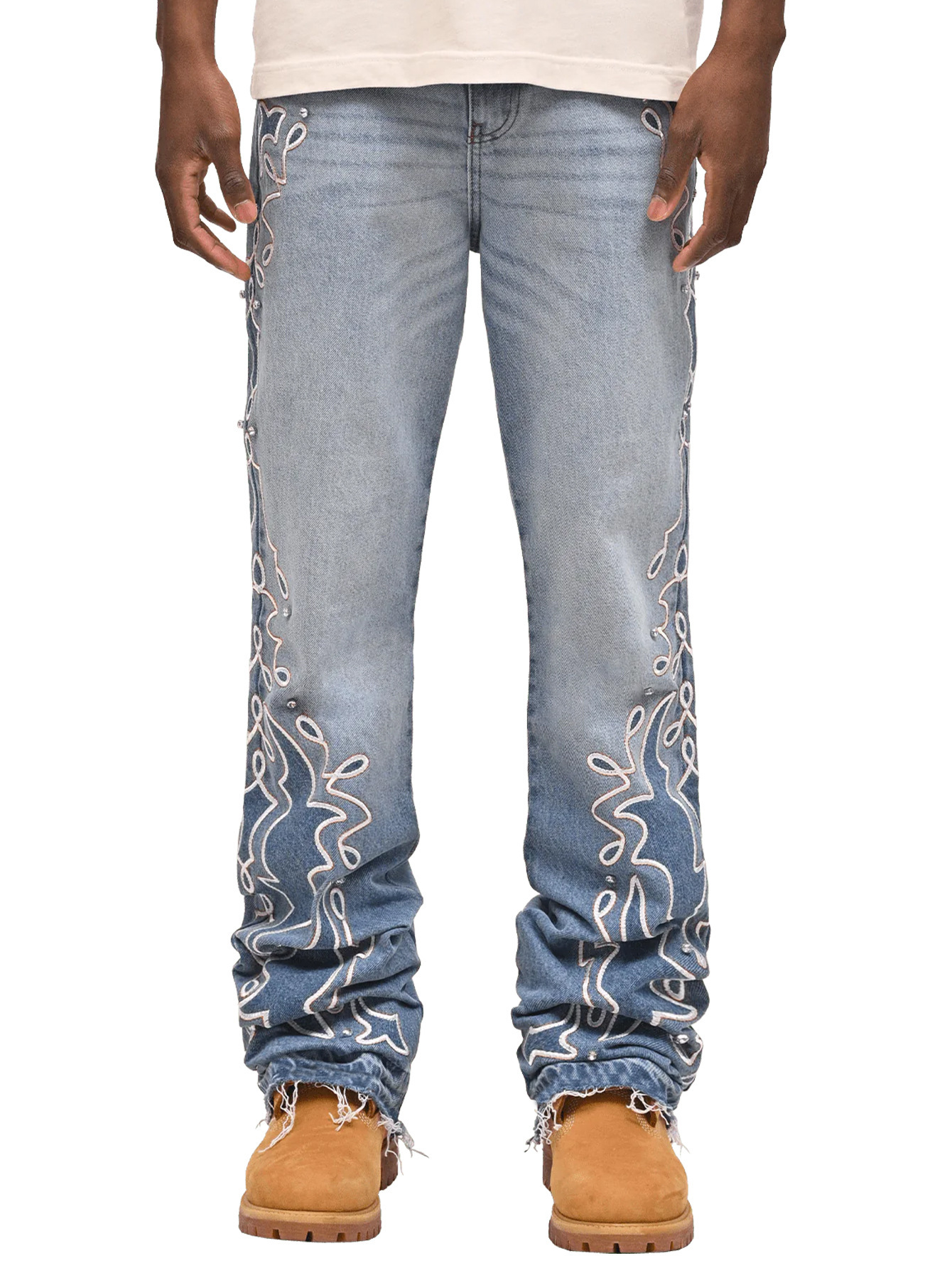 Pantalones de Mezclilla Rectos para Hombre de Algodón con Pedrería para Uso Casual