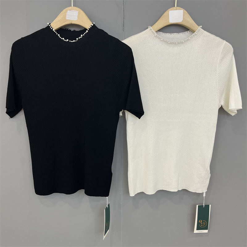 Hong Kong and American Apparel/25 Spring/Summer New Heavy Beading Round Neck Short Sleeve Knitted Sweater Women's Top