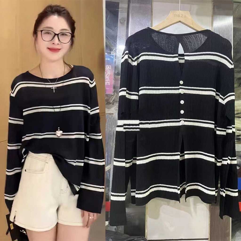 Lazy Striped Sweater Summer Air-conditioning Shirt Back Hollow Shell Buckle Fashion Sunscreen Top