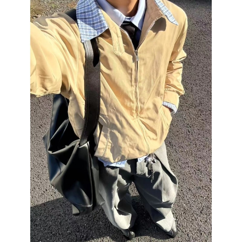 Khaki Miu Fake Two-Piece Plaid Splicing Harrington Jacket for Men and Women Autum Old Money Style Short Jacket Khaki Miu Fake Two-Piece Plaid Splicing Harrington Jacket for Men and Women Autum Old Money Style Short Jacket