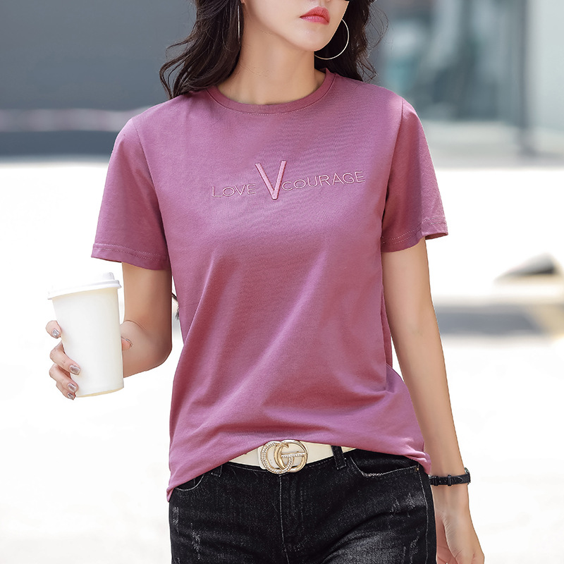 Live shot2022New embroidery solid colortT-shirt Women Summer Simple Korean Edition Solid Round Neck Large Loose Top Short Sleeve