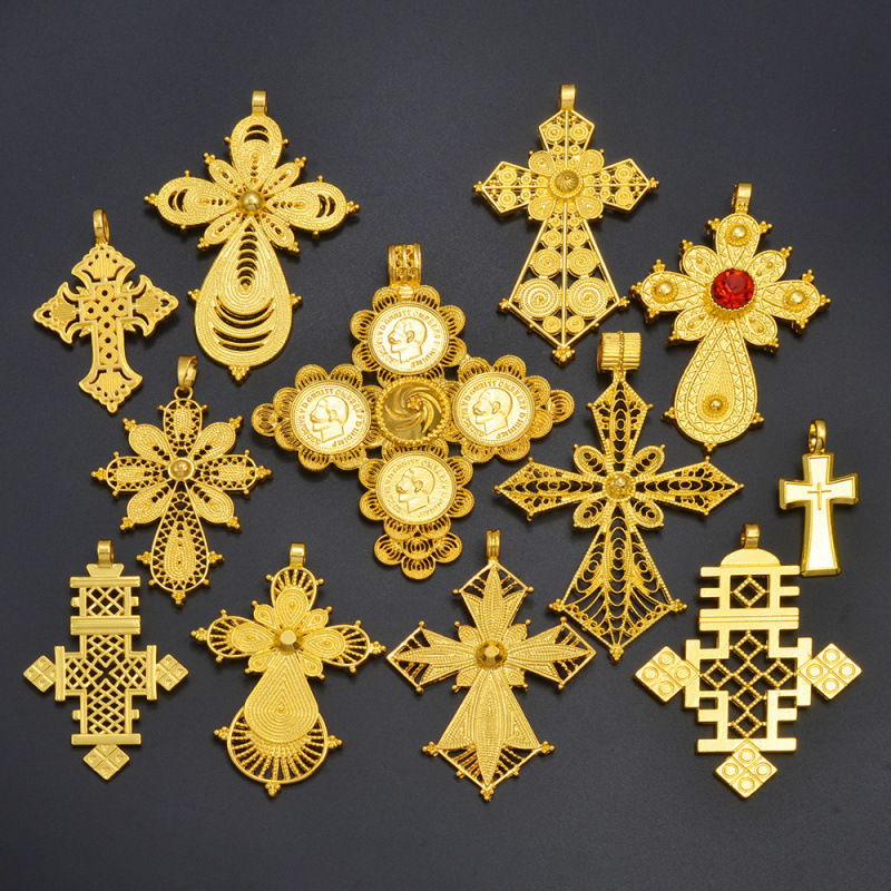 Annio Ethiopian Gold Color Cross Charms Pendant Necklaces Af|undefined