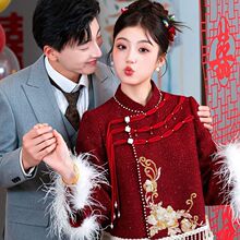 2024新款红色订婚礼服新中式旗袍敬酒改良旗袍秋冬季小香风套装