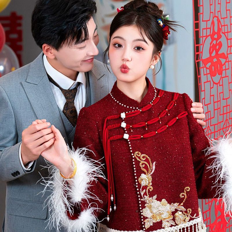 2024新款红色订婚礼服新中式旗袍敬酒改良旗袍秋冬季小香风套装