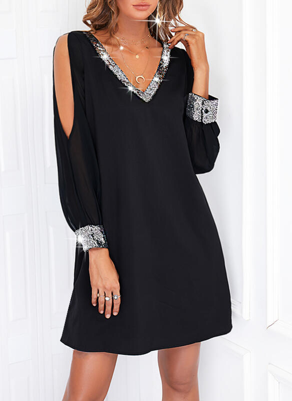 Amazon europeo y americano transfronterizo nueva ropa de mujer de color sólido fuera del hombro manga casual moda profundo cuello en V lentejuelas costura vestido image 3