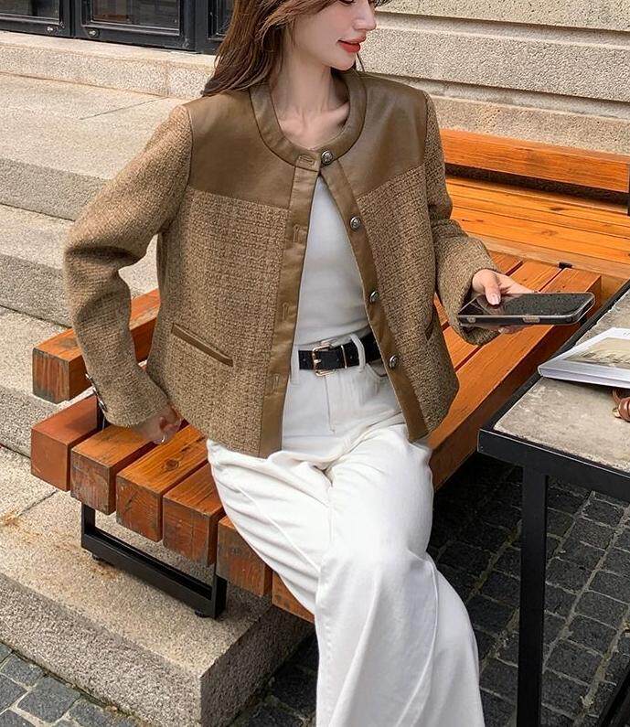 Áo khoác ngắn nữ kiểu Pháp dáng ôm, tay dài, cổ chữ U, phối túi khóa, chất liệu mềm mịn — Màu nâu (vải nâng cấp) chi tiết 11