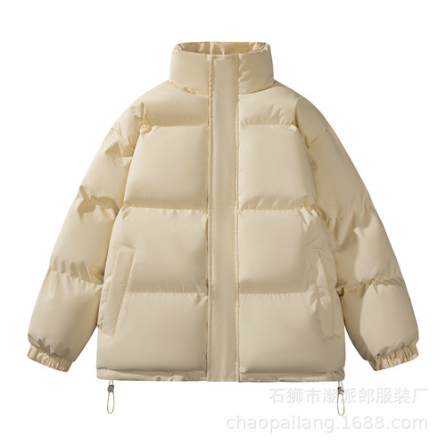 Winter Thick Cotton Coat Men Loose Hooded Jacket Trendy Stand Collar Outerwear Couple Bread Suit Plain Color Matchable Top Cotton Jacket