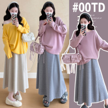 孕妇装2025秋冬季新款大码韩版毛衣＋毛呢托腹半身裙孕妇两件套装