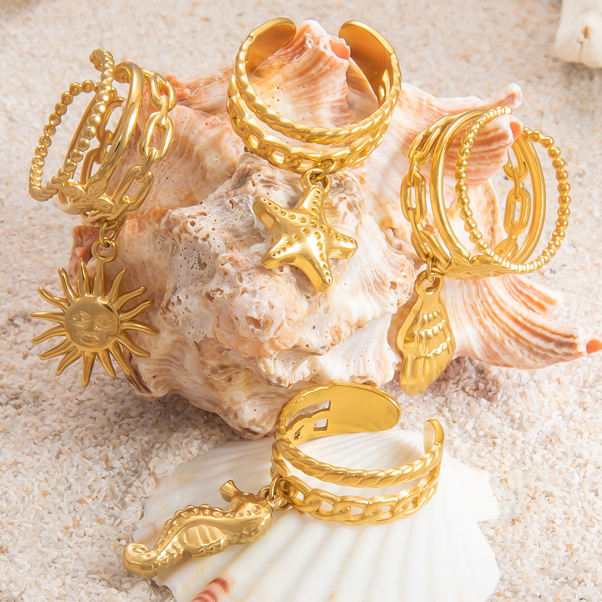 4g Weight Open Rings Classification Adjustable Ring Size 1 Piece Quantity Casual, Holiday Occasion 304 Stainless Steel Material Starfish, Shell, Fish Pattern Women's Gender Plating Design Marine Style Style Gold Color Marine Style Starfish Shell Fish 304 Stainless Steel Plating Women's Open Rings 1