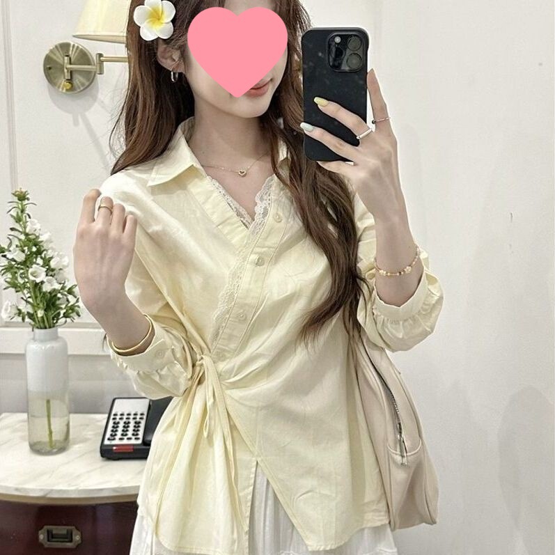 Designed Irregular Lace Tie-Up Shirt for Women 2025 Korean Style Chic Age-Reducing Shirt Top